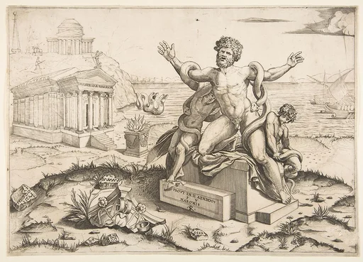 Laocoön and his two sons being attacked by serpents upon a pedestal, a temple to Minerva behind them, another temple and the sea in the background
