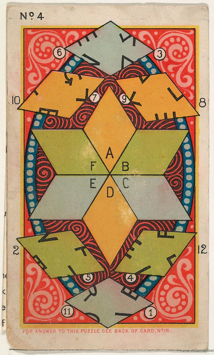 Puzzle Card Number 4, from the Jokes series (N118) issued by Duke Sons & Co. to promote Honest Long Cut Tobacco — W. Duke, Sons & Co.|Armstrong & Co.
