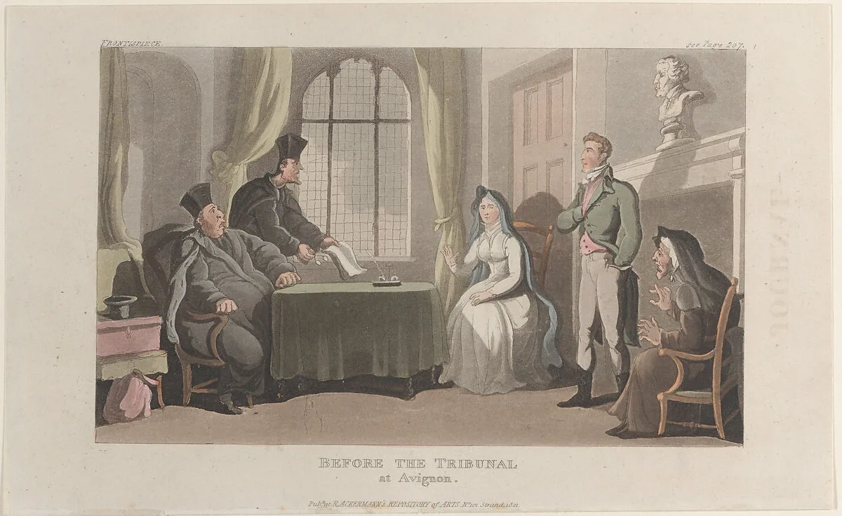 Frontispiece: Before the Tribunal at Avignon, from "Journal of Sentimental Travels in the Southern Provinces of France, Shortly Before the Revolution" — Rudolph Ackermann, London|J. Diggens|William Combe|Thomas Rowlandson