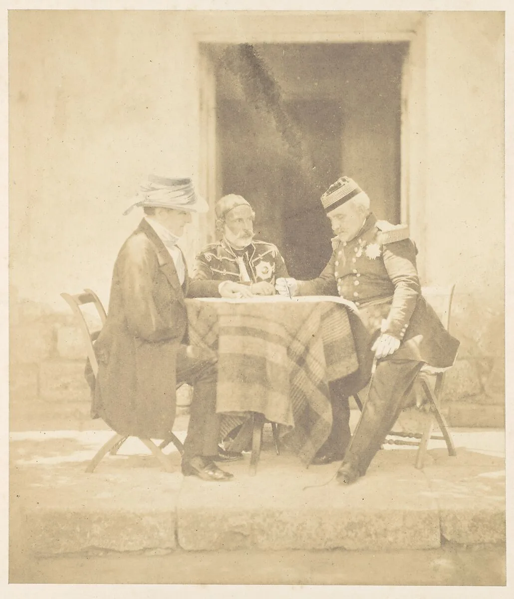 The Council of War on the Morning of the Taking of the Mamelon. Lord Raglan, Omar Pasha, Marshal Pélissier — Roger Fenton