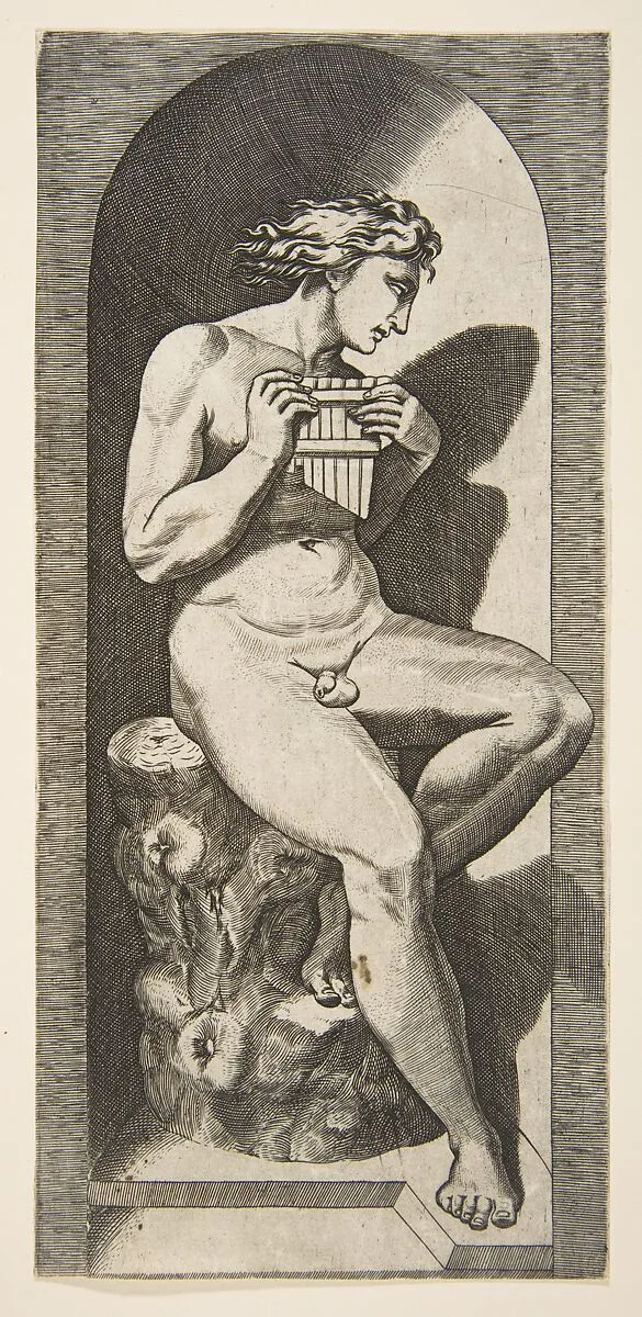 Olympus naked seated on a tree stump holding pipes, set within a niche — Marco Dente