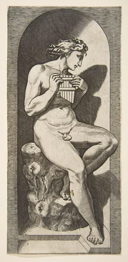Olympus naked seated on a tree stump holding pipes, set within a niche