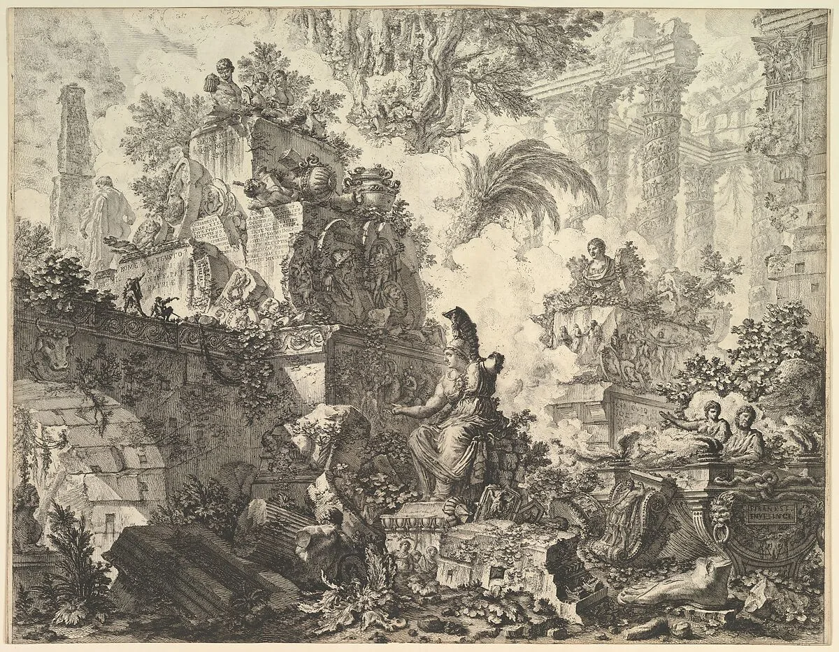Frontispiece, with Statue of Minerva, from "Vedute di Roma" — Giovanni Battista Piranesi