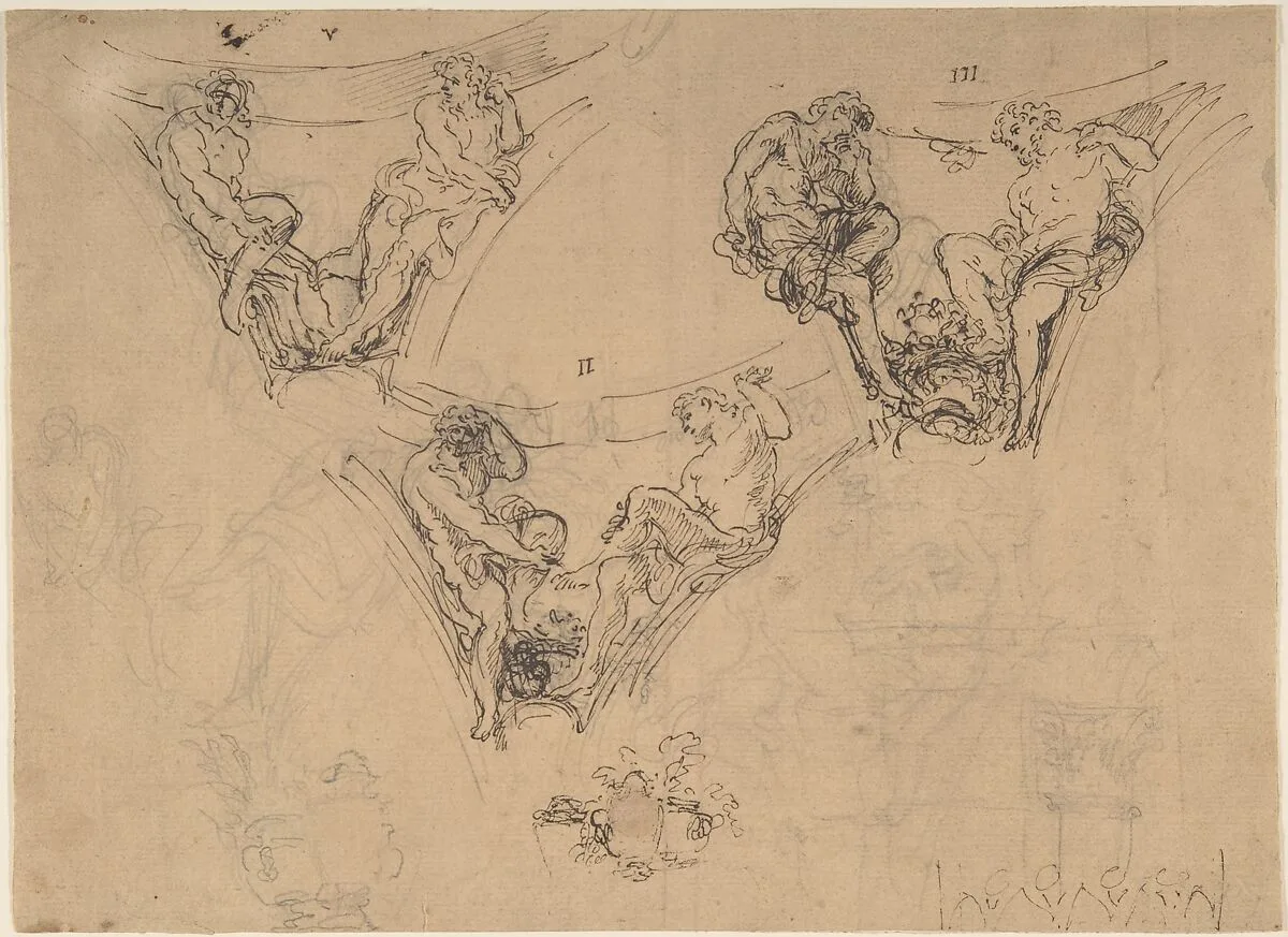 Three Studies for Spandrel Figures — Anonymous, Italian, 17th century