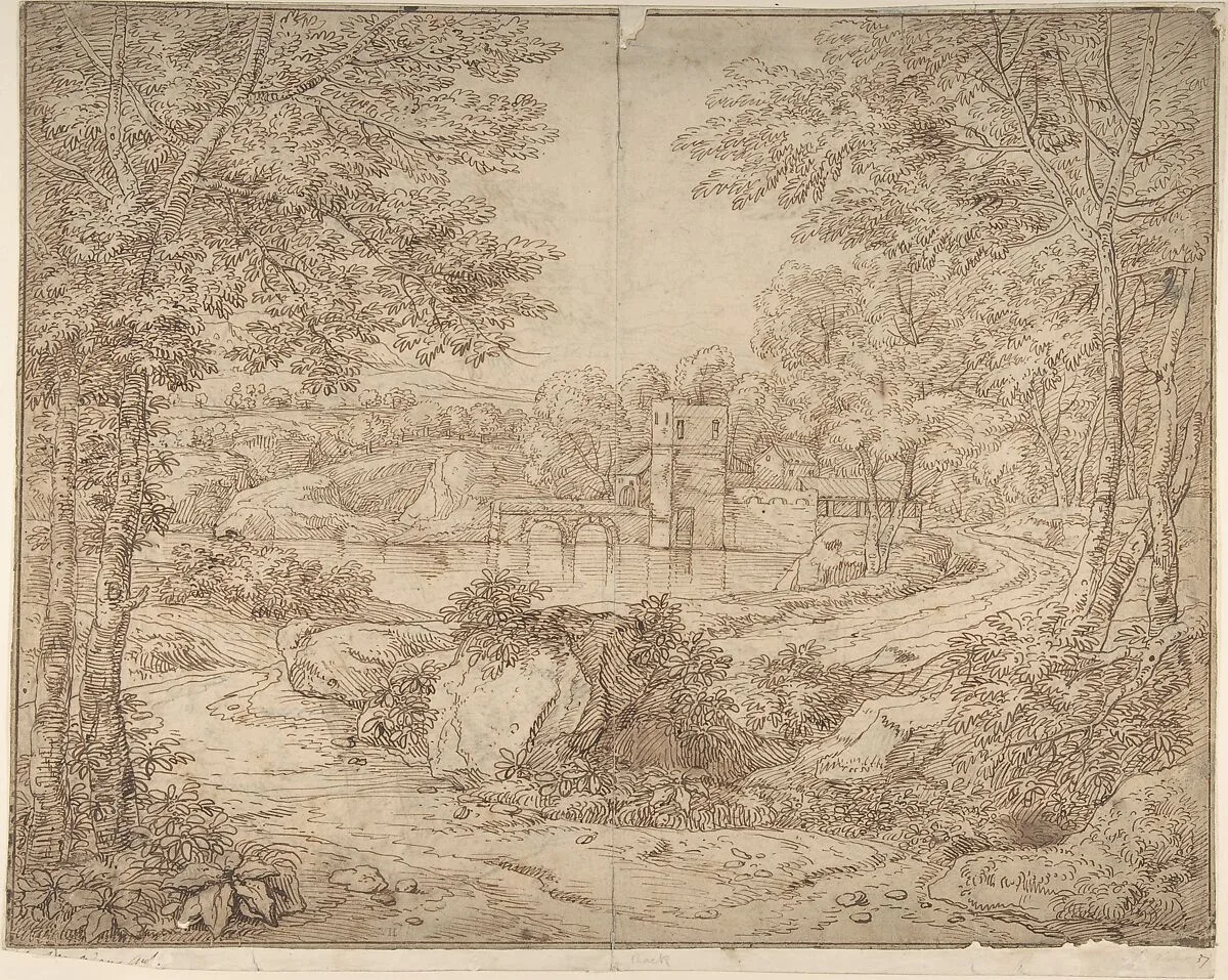 Ancient buildings next to water in the woods (recto); A variation of the same landscape in reverse (verso) — James Adam|Robert Adam