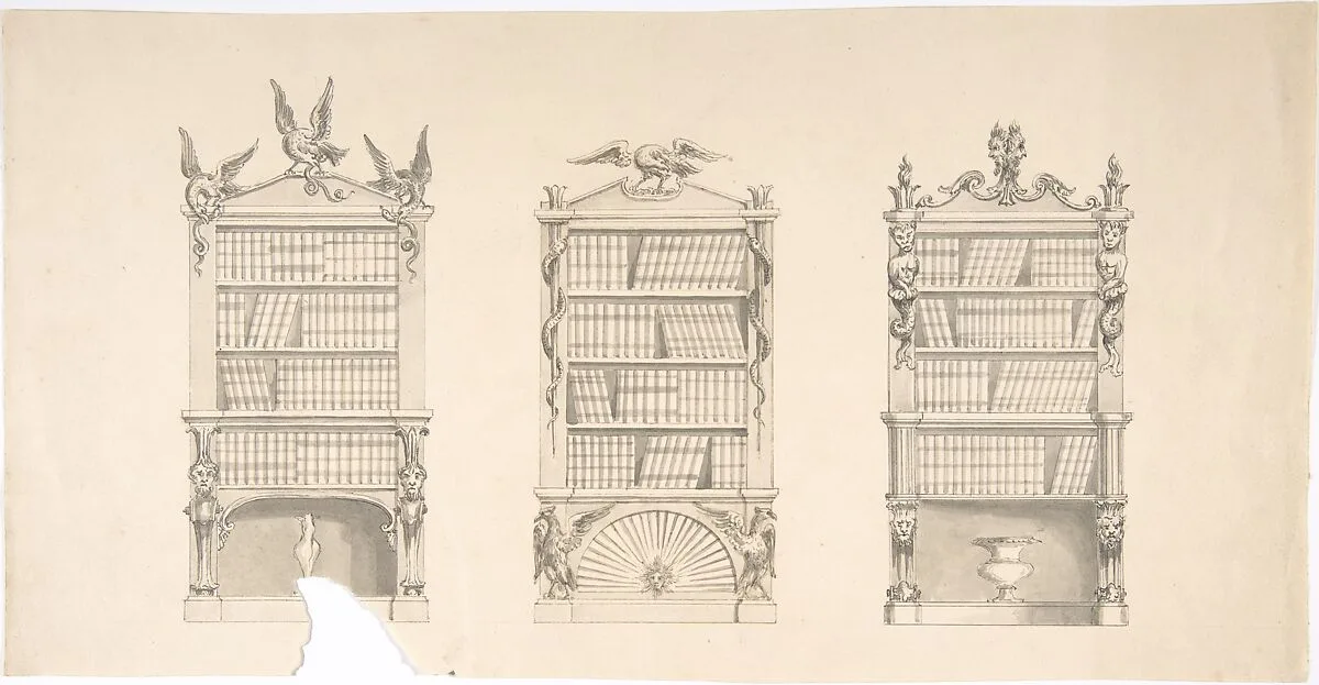 Design for Three Bookcabinets Two Adorned with Eagles and Snakes, the other with Masks, Flames and Grotesques — Anonymous, British, 19th century