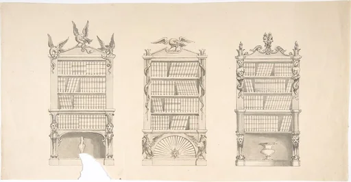 Design for Three Bookcabinets Two Adorned with Eagles and Snakes, the other with Masks, Flames and Grotesques