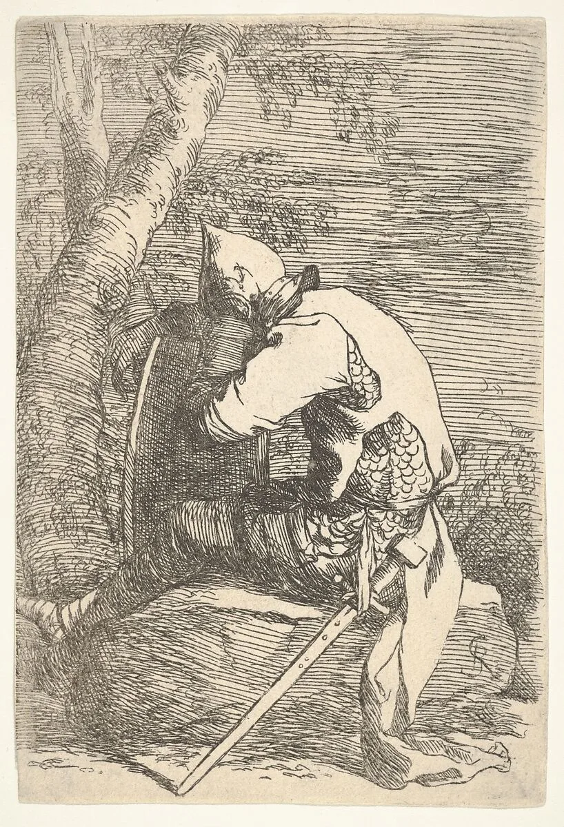 A sleeping warrior seated on a rock and leaning on his shield, from the series 'Figurine' — Salvator Rosa
