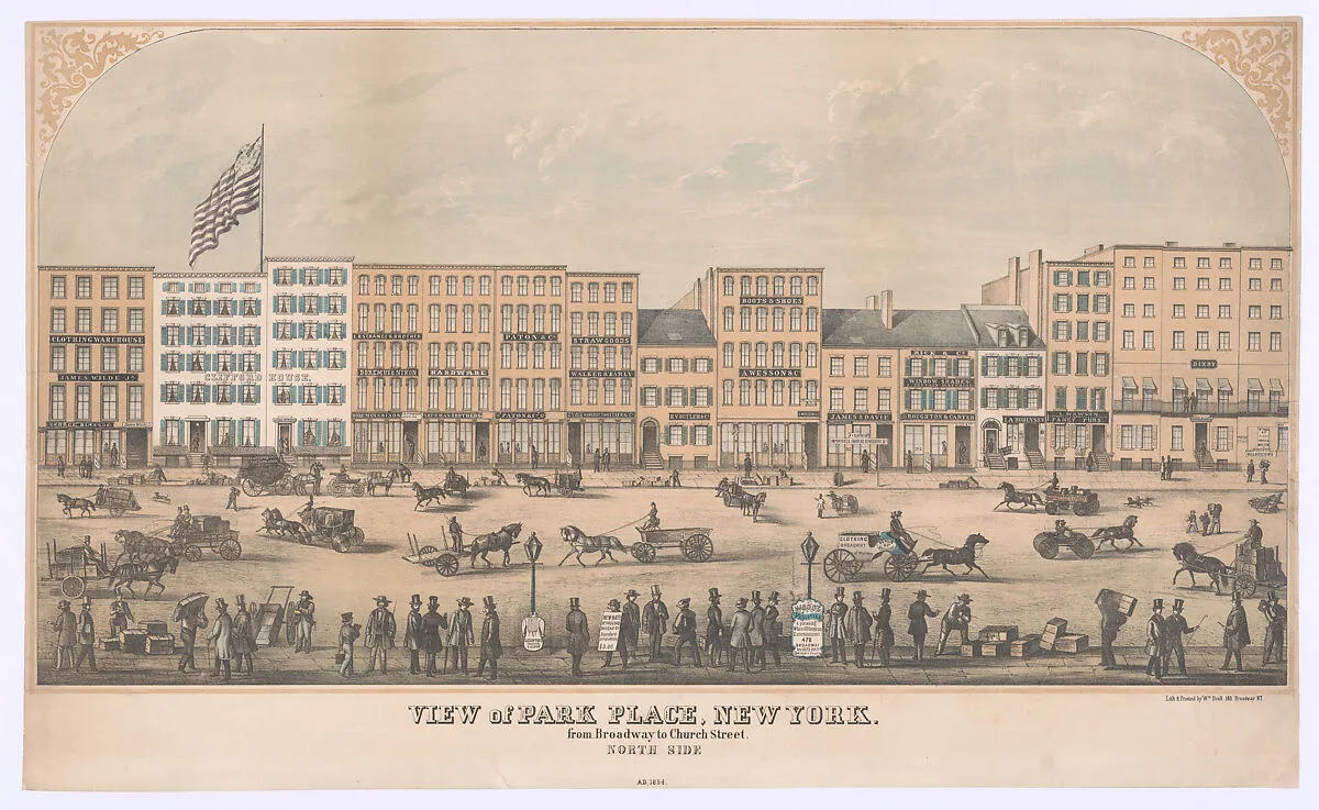 View of Park Place, New York, from Broadway to Church Street, North Side, A.D. 1854 — William Boell
