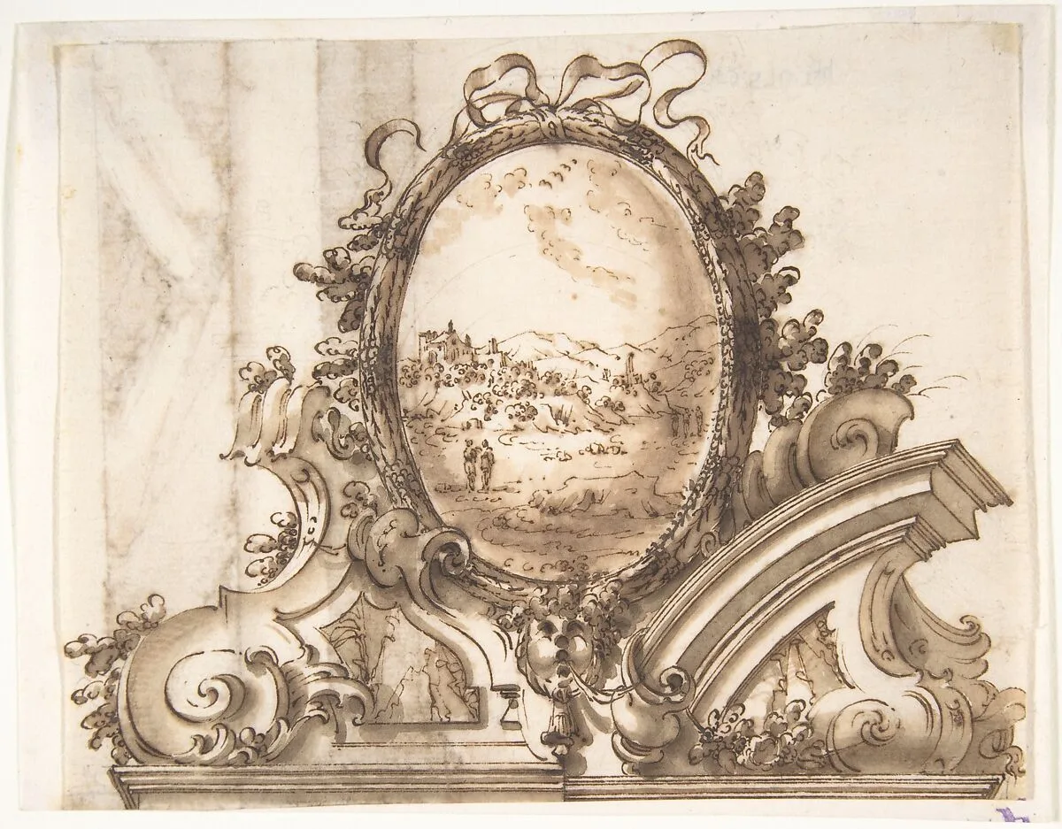Design for an Overdoor Decoration with Variant (recto); Sketch of a Marbled Wall (verso) — Anonymous, Italian, Bolognese, 18th century