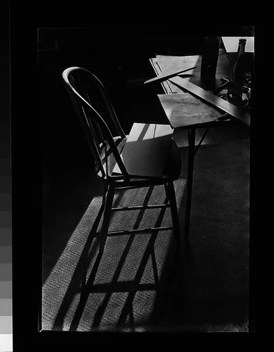[View of Apartment (Evans'?) Showing Table and Chair and Architect's T-Square in Raking Sunlight, Possibly 48 Columbia Heights, Brooklyn, New York]