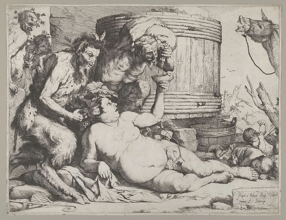 Drunken Silenus holding a cup aloft into which a Satyr pours wine — Jusepe de Ribera (called Lo Spagnoletto)