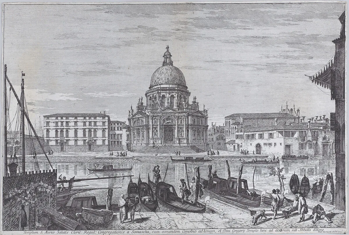 The church of Santa Maria della Salute seen across the water with gondolas in the foreground — Michele Marieschi