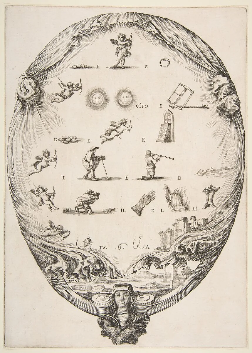 Rébus on the subject of love, a riddle depicted on drapery, below a landscape with a pyramid and two obelisks, a bust of a sphinx at bottom, an oval composition — Stefano della Bella