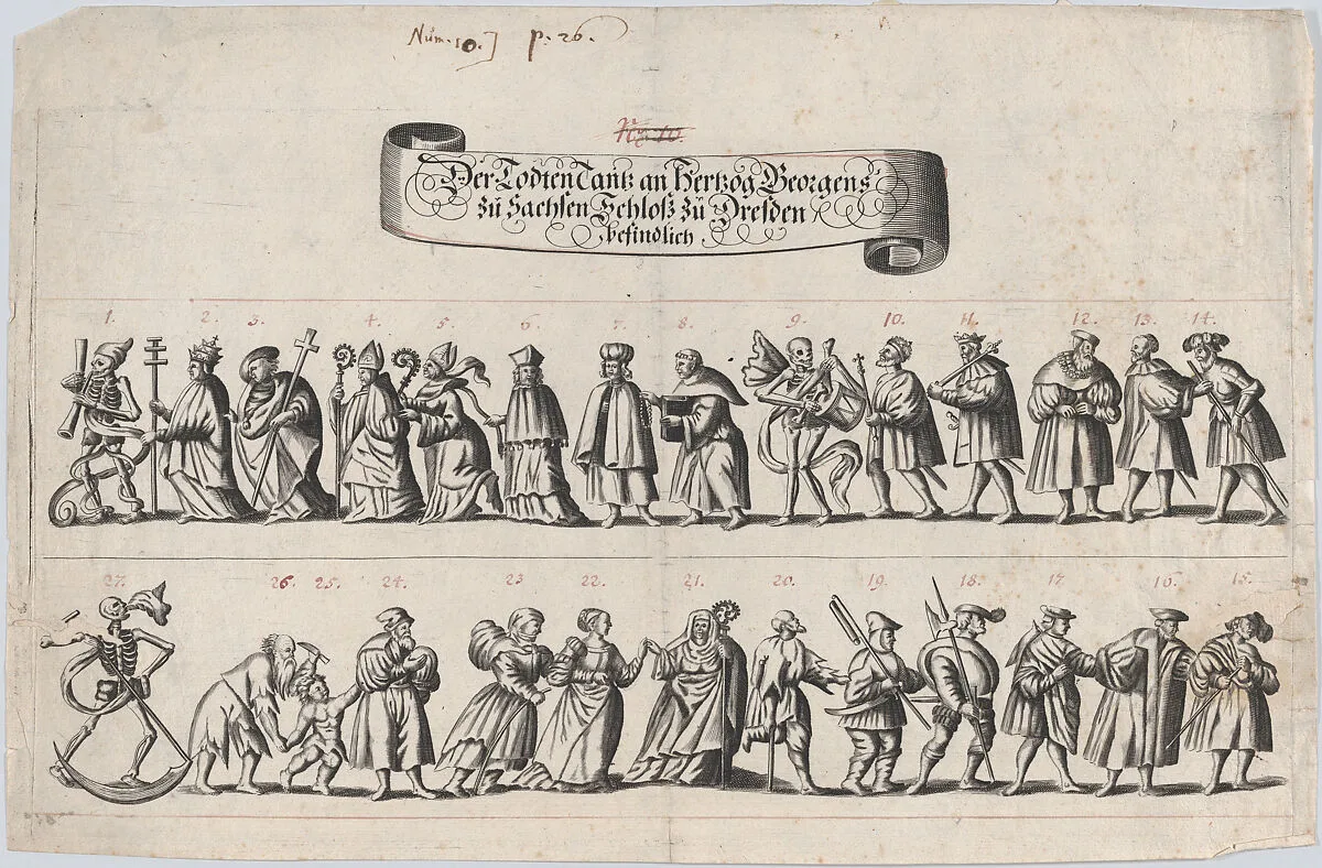 Plate from a book showing a procession of men and women with a skeleton at the beginning, middle and end of the line — Anonymous, German, 17th century