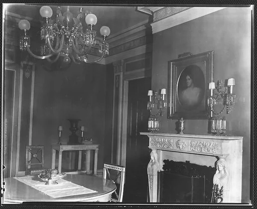 [Dining Room Interior with Portrait Above Fireplace, Residence of Gifford Cochran, Croton Falls, New York]