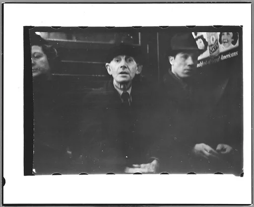 [Three 35mm Film Frames: Subway Passengers, New York City: Woman, Two Men]