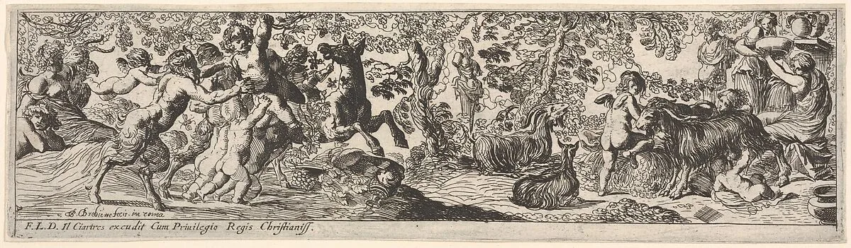 Bacchanal with young Bacchus grasping grapes in his raised left hand; at left a satyr, putti, and a donkey crowd around Bacchus; at right a she-goat suckles a child and women pass a bowl; from a series of twelve frieze-like designs showing bacchanals, sacrifices, and dances — Pierre Brebiette|François Langlois