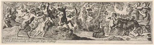 Bacchanal with young Bacchus grasping grapes in his raised left hand; at left a satyr, putti, and a donkey crowd around Bacchus; at right a she-goat suckles a child and women pass a bowl; from a series of twelve frieze-like designs showing bacchanals, sacrifices, and dances