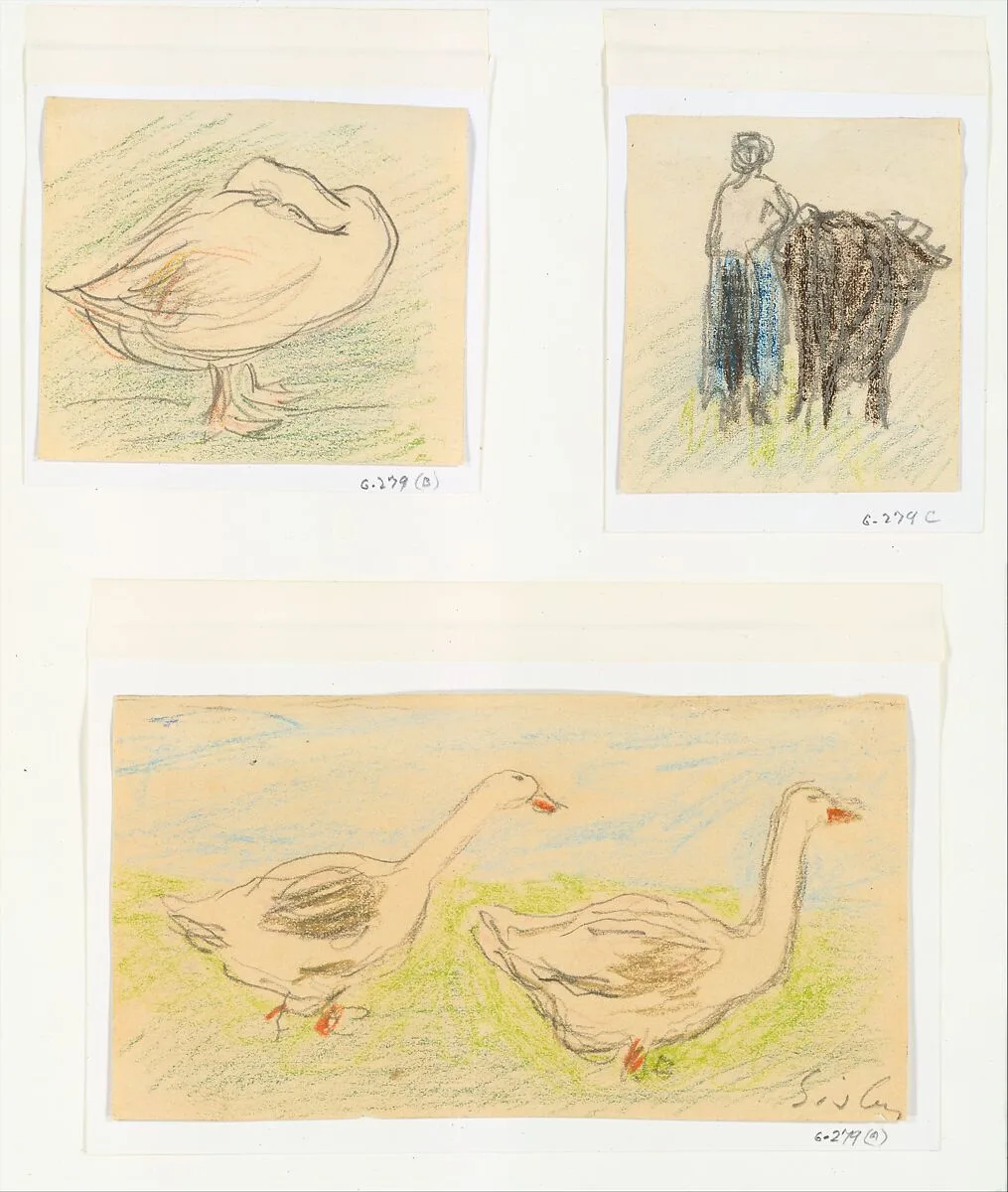 Three Sketches-Two Geese Walking; Peasant Woman with a Cow; Goose Hiding its Head — Alfred Sisley