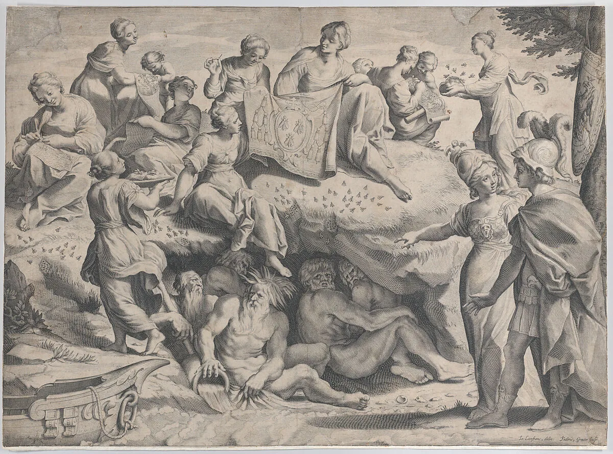 Allegory with Minerva at right, leading a young man towards Mount Parnassus, where the Muses sit — Giovanni Lanfranco|Johann Friedrich Greuter