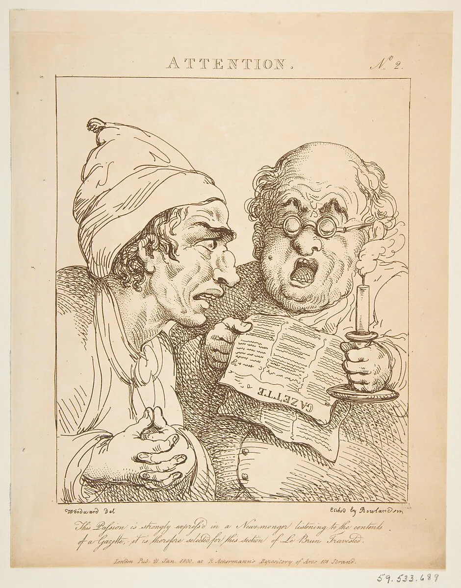Attention (Le Brun Travested, or Caricatures of the Passions) — George Murgatroyd Woodward|Rudolph Ackermann, London|Thomas Rowlandson