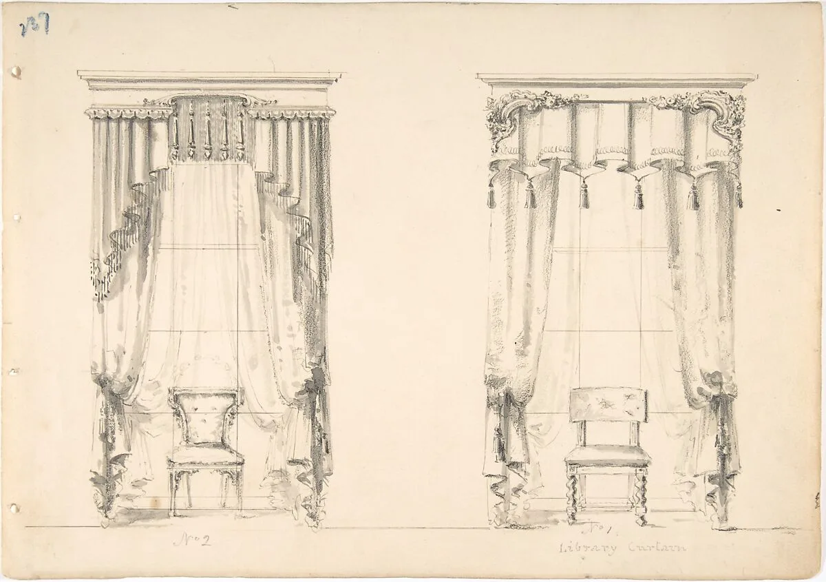 Design for Two Tasseled Curtains, Shown with Chairs — Anonymous, British, 19th century