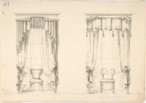 Design for Two Tasseled Curtains, Shown with Chairs
