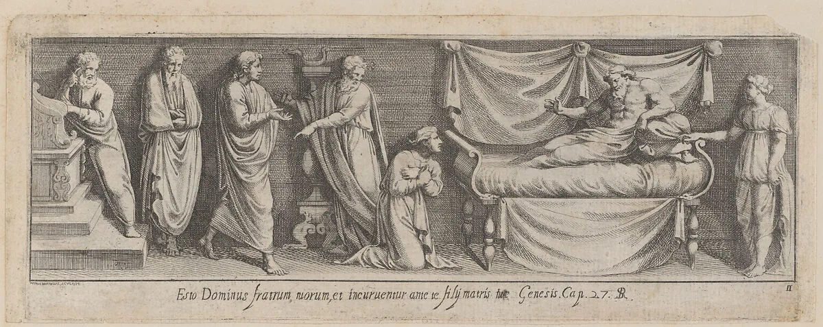 Plate 11: Bathsheba interceding with David for Solomon, from Genesis 27, after a lost fresco in the basamento of Bay 11 of the Vatican Loggia — Pietro Santi Bartoli|Giovanni Giacomo De Rossi|Raphael (Raffaello Sanzio or Santi)