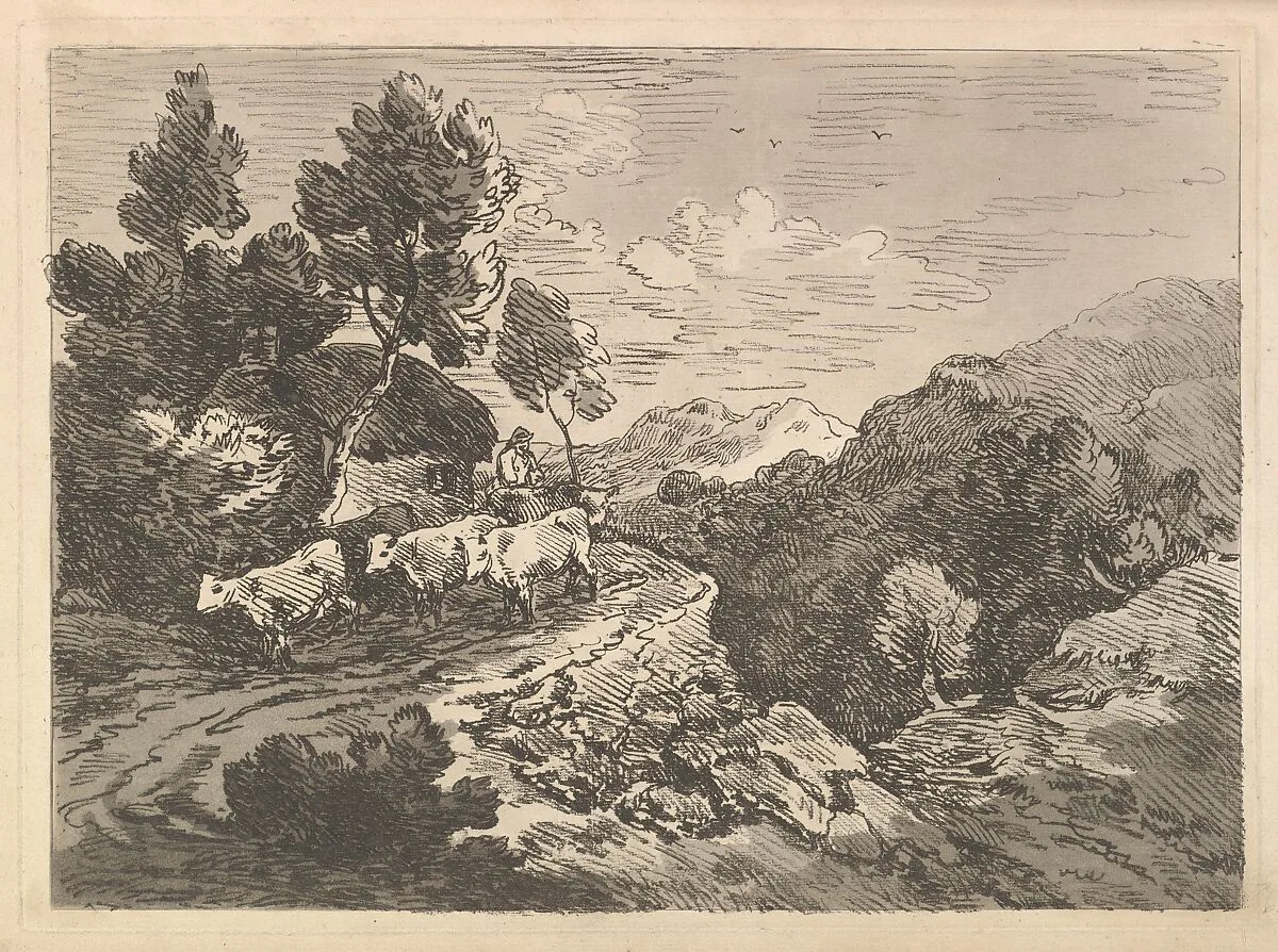 Landscape with a Figure Herding Cattle Along a Road Beside a Cottage, a Hillside at Left, a Forest in the Valley Below at Right — Thomas Rowlandson|Thomas Gainsborough