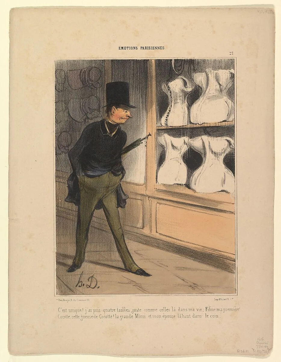 C'est Unique! J'ai Pris Quatre Tailles..., from Émotions Parisiennes, published in Le Charivari, February 7, 1840 — Honoré Daumier|Bauger et Cie|Aubert et Cie