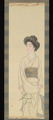 尾竹越堂筆 百合持つ美人図|Young Woman with a Lily 百合持つ美人図