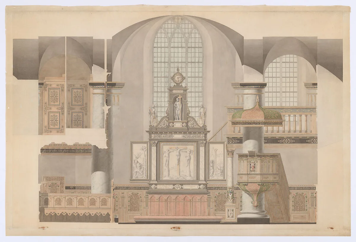 Elevation of the Altar Wall in the Royal Chapel at Kronborg Castle, Denmark — Michael Gottlieb Bindesbøll|Anonymous, Danish