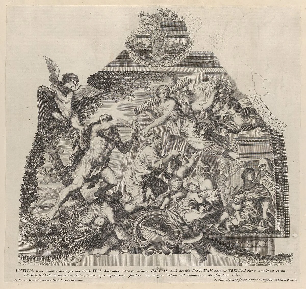 Plate 6: Allegory with Hercules chasing off the Harpies as Justice and Plenty aid the poor, from Barberinae aulae fornix — Pietro da Cortona (Pietro Berrettini)|Giovanni Giacomo De Rossi|Gaspar de Guzman, Count of Olivares and Duke of Sanlucar|Anonymous, Italian, 17th century