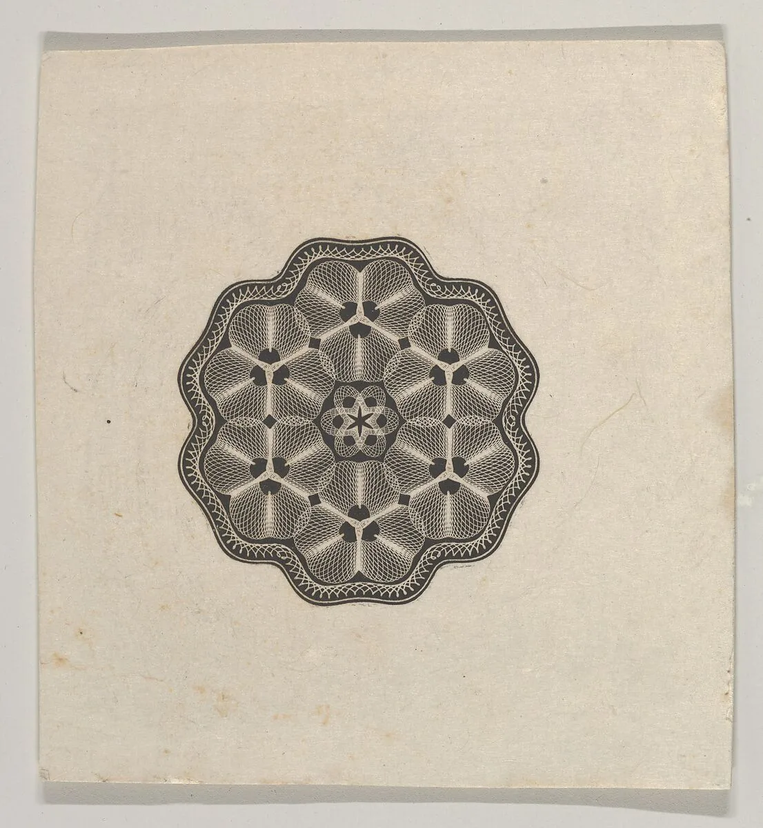 Banknote motif: a small six lobed ornament with a rope border, the interior adorned with lathe work florets — A. B. & C. Durand & Company|Durand, Perkins, and Company|Cyrus Durand