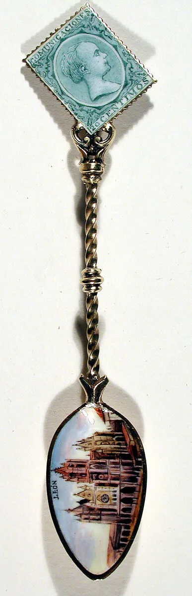 Souvenir spoon with view of the Cathedral in León and finial in form of a postage stamp — Unknown