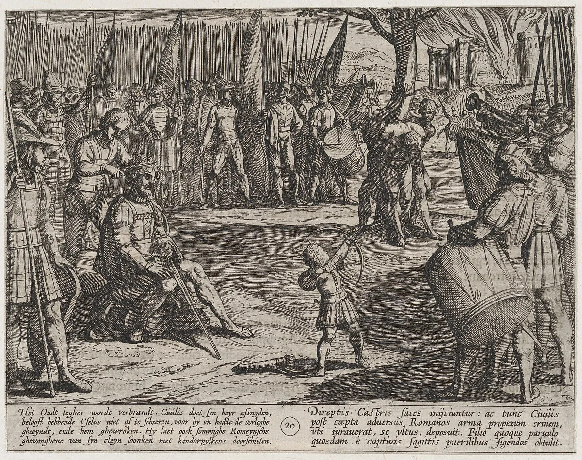 Plate 20: Civilis Having his Hair Cut, from The War of the Romans Against the Batavians (Romanorvm et Batavorvm societas) — Antonio Tempesta|Otto van Veen