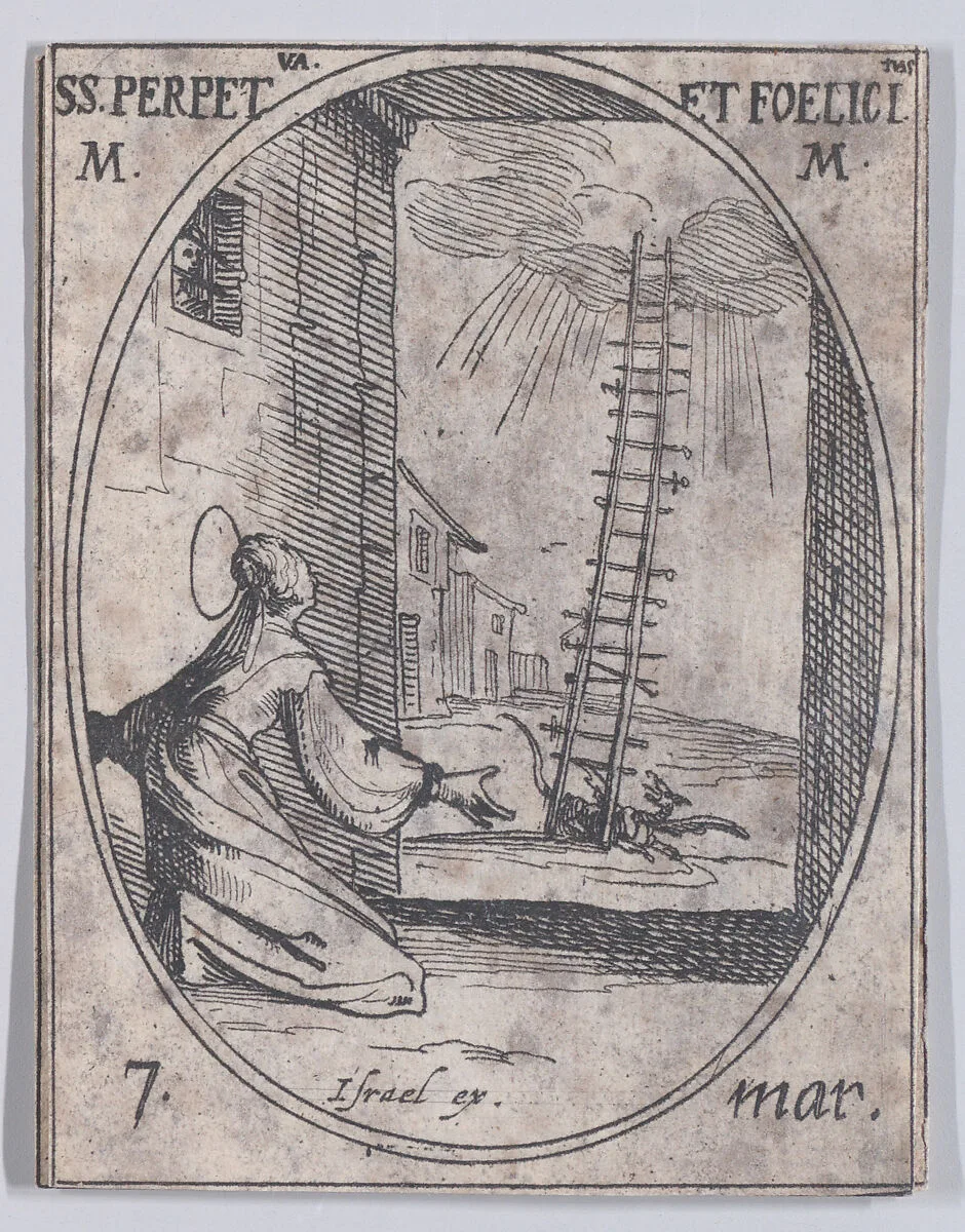 Ste. Perpétue et Ste. Félicité, martyres (St. Perpetua and St. Felicita, Martyrs), March 7th, from "Les Images De Tous Les Saincts et Saintes de L'Année" (Images of All of the Saints and Religious Events of the Year) — Jacques Callot|Israël Henriet
