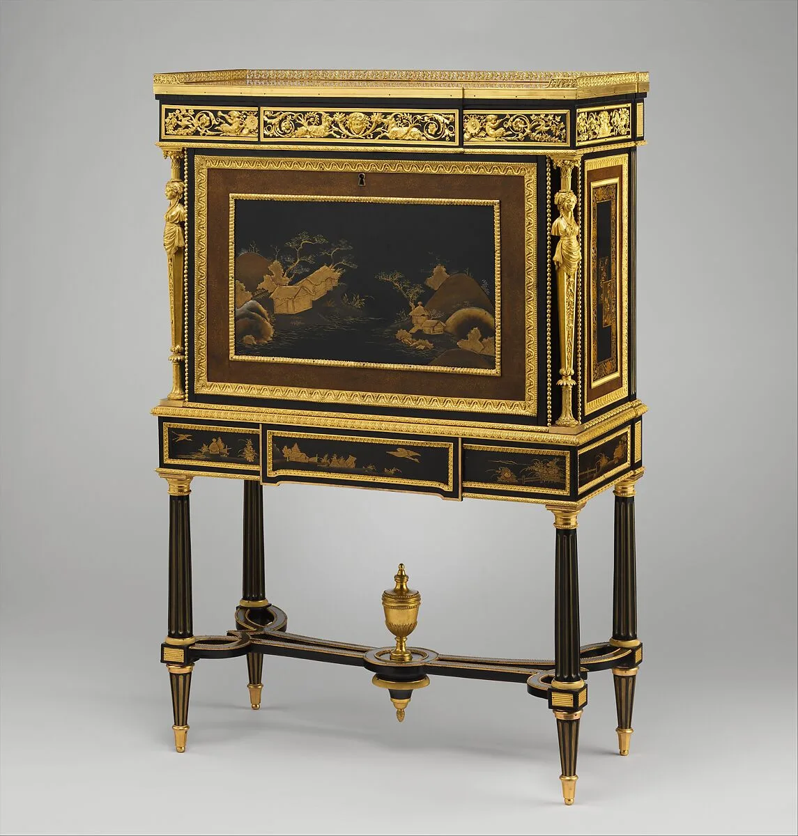 Drop-front secretary on stand (secrètaire à abattant or secrétaire en cabinet) (one of a pair) (part of a set) — Adam Weisweiler