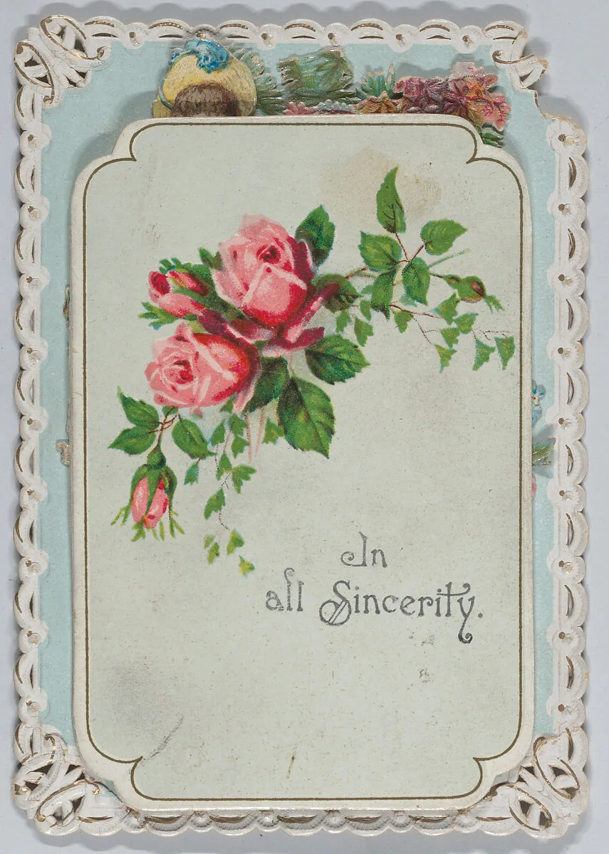 Valentine - Mechanical pull down - Woman on a garden bench with cascade and doves. — Anonymous