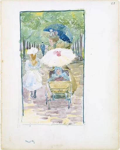 Large Boston Public Garden Sketchbook: A mother pushing her baby in a perambulator, with her daughter at her side