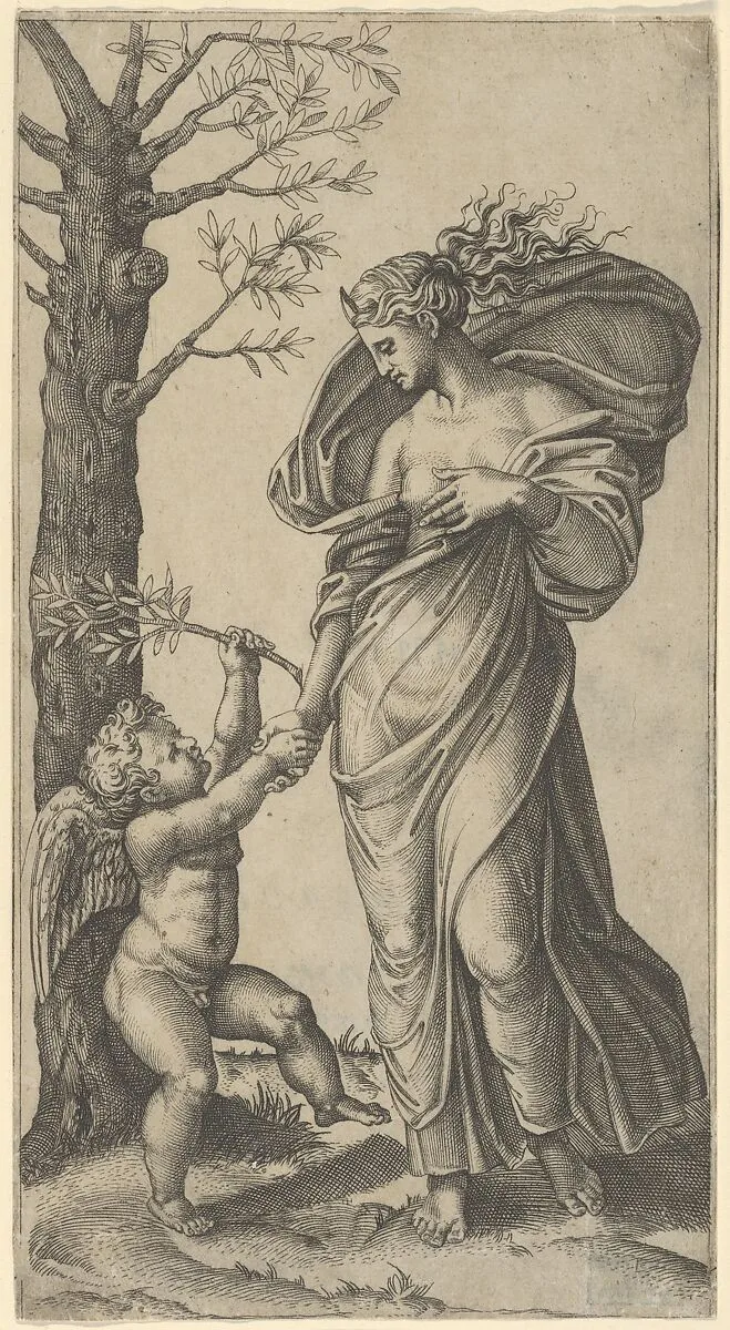 An allegory of Peace; Peace personified as a woman standing in a landscape holding the left hand of a winged genius, tree at left — Marcantonio Raimondi