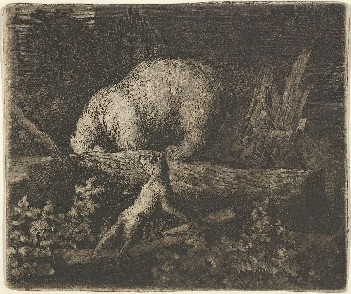 The Bear with His Snout and Forepaws Caught in the Trunk of a Tree from Hendrick van Alcmar's Renard The Fox — Allart van Everdingen