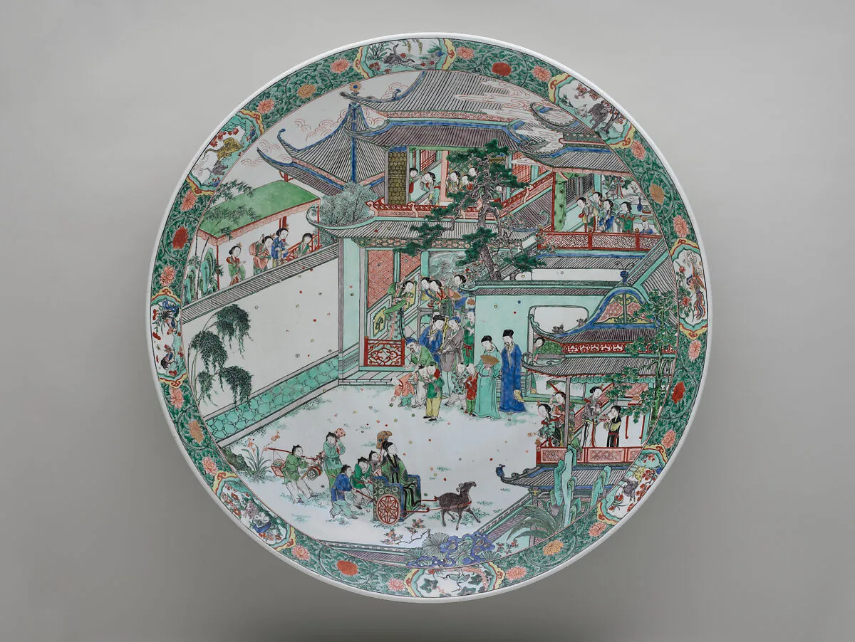 清康熙 景德鎮窯五彩擲果盈車圖大盤|Platter with the story of Pan An — Unknown