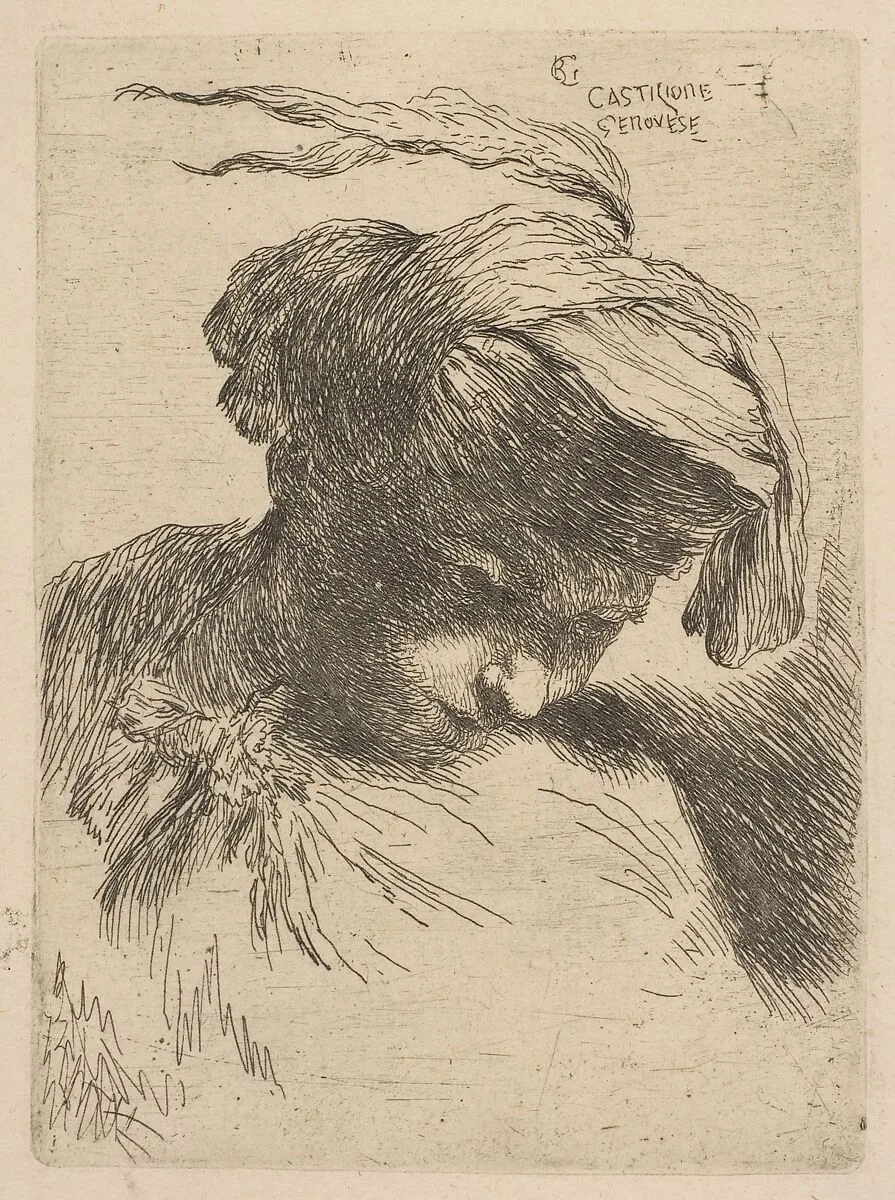 Young man looking down to right, from "Small Heads in Oriental Headdress" — Giovanni Benedetto Castiglione (Il Grechetto)
