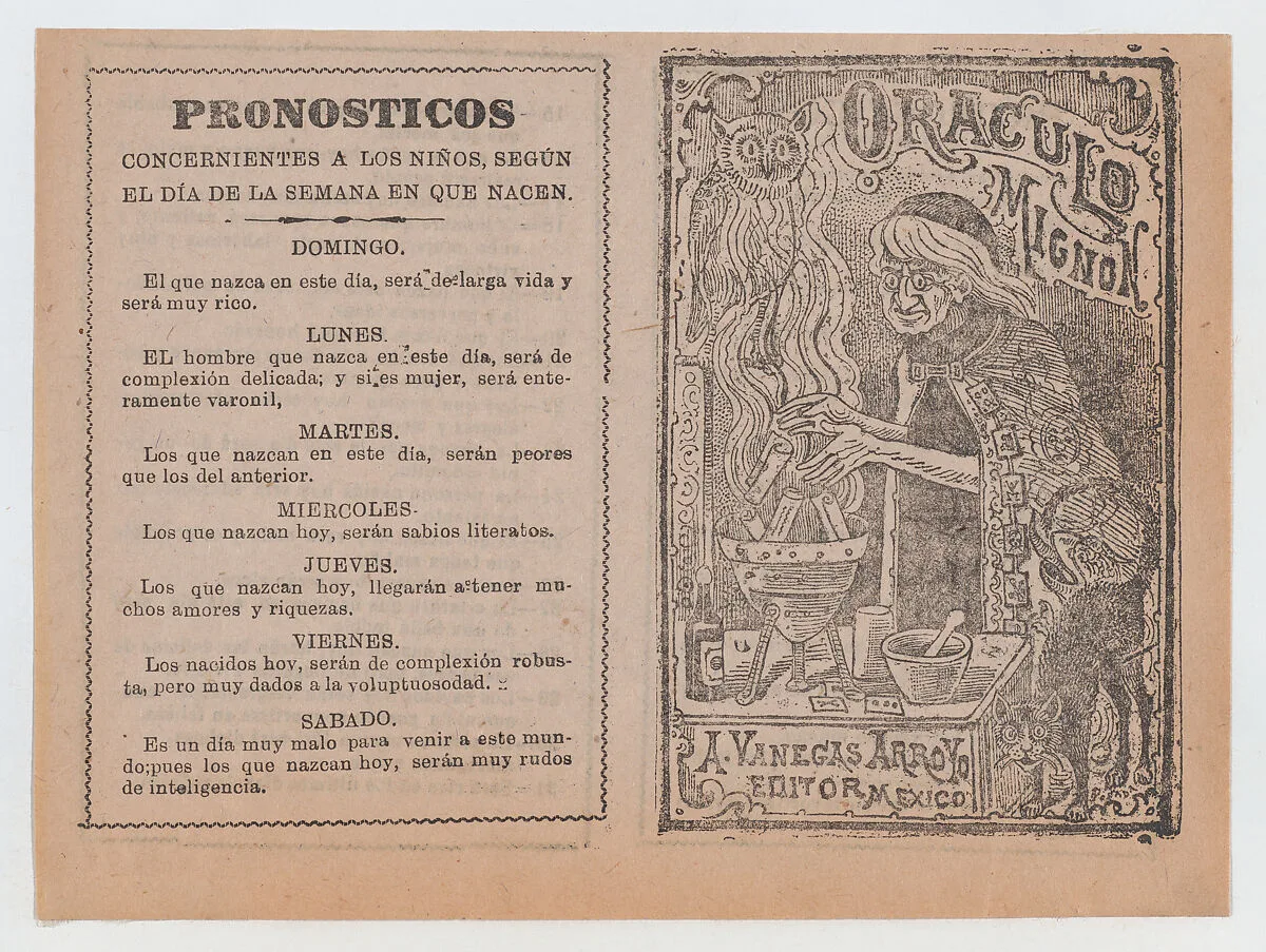 Cover for 'Oraculo Mignon', a witch brewing a potion in a cauldron — Antonio Vanegas Arroyo|José Guadalupe Posada