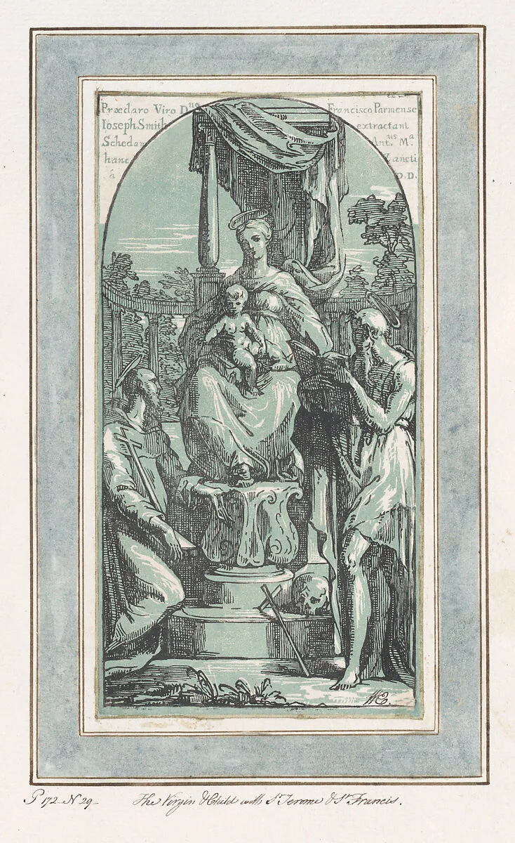 The Virgin and Child Enthroned, Saint Jerome at lower right, Saint Francis at lower left — Parmigianino (Girolamo Francesco Maria Mazzola)|Anton Maria Zanetti the Elder
