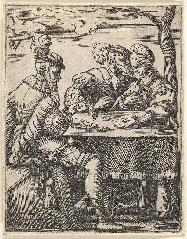 Two men and a woman playing cards at a table, one man pressing his nose toward the woman's forehead, from a series of ten scenes of musicians and couples dancing, drinking, playing music, and playing cards — Virgil Solis