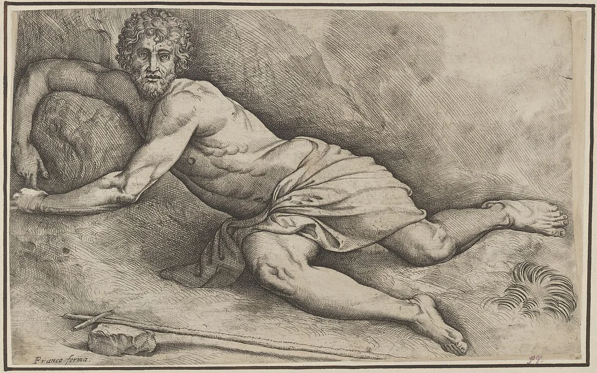 John the Baptist, lying on the ground naked except for a cloth covering his thighs, with his right arm curled around a rock, a reed cross lies on a rock in the foreground — Battista Franco