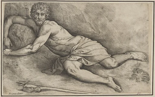 John the Baptist, lying on the ground naked except for a cloth covering his thighs, with his right arm curled around a rock, a reed cross lies on a rock in the foreground